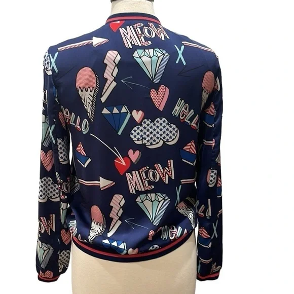 Zara TRF Outerwear Pop Art MEOW Bomber Jacket Navy Full Zip SZ S - Picture 4 of 8